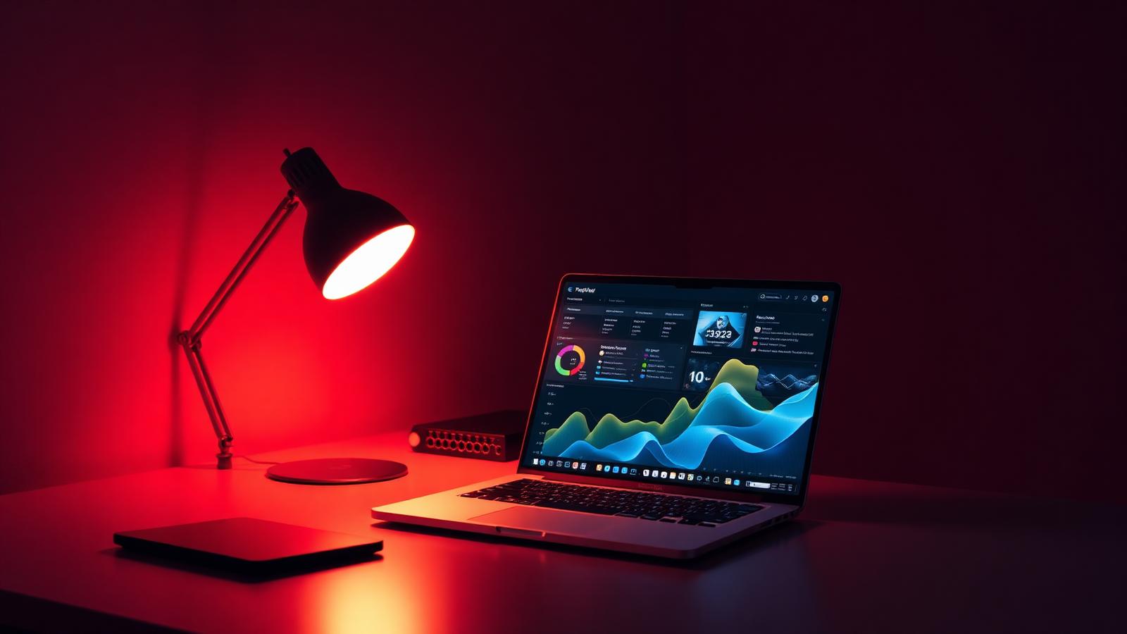 Solo entrepreneur desk with a laptop showing dashboards under warm lighting