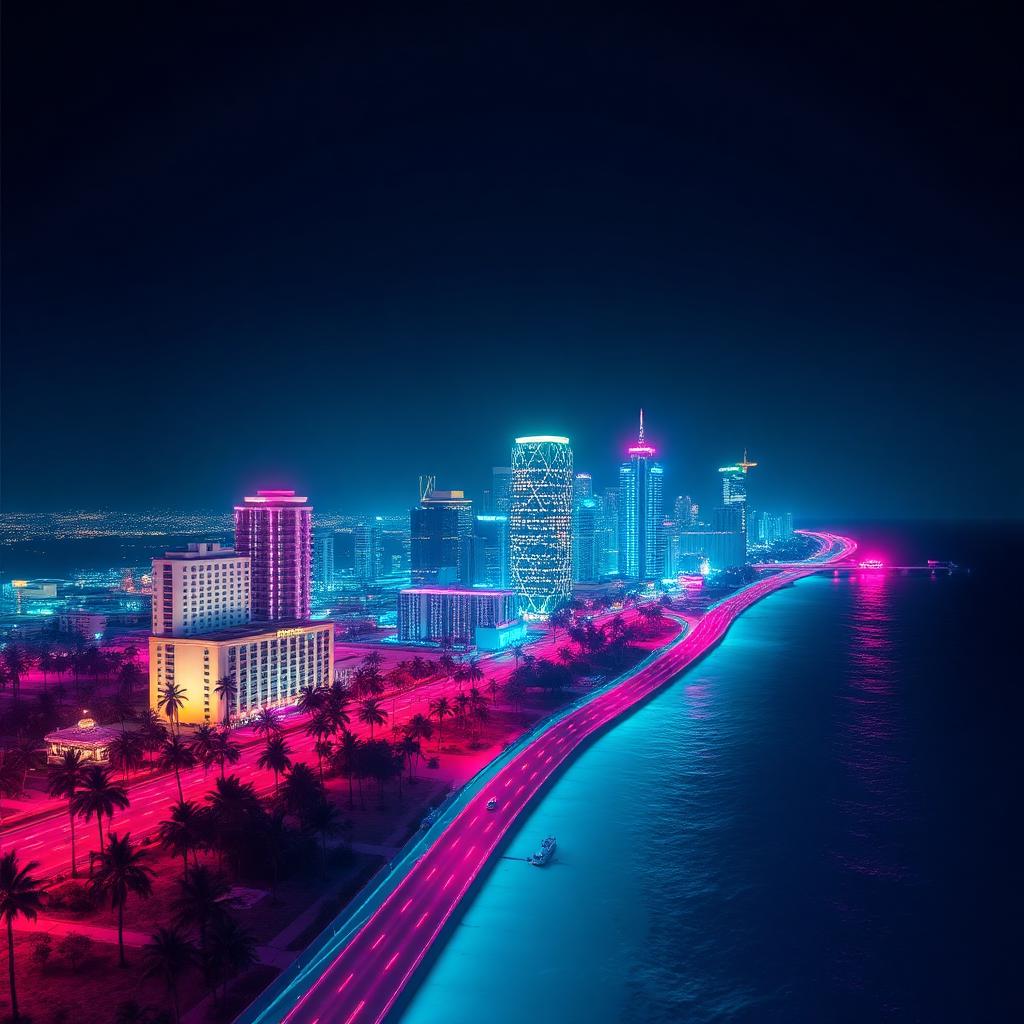 Neon-lit fictional Miami-inspired coastline at night with pink and cyan skyline, palm trees, and highway