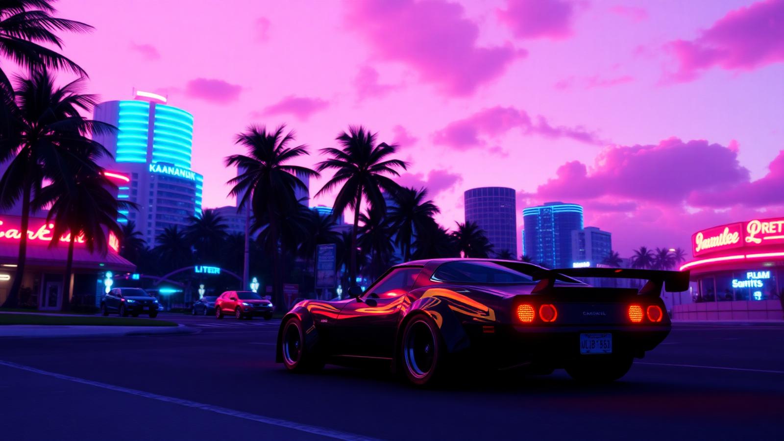 Neon-lit Miami-style boulevard at dusk with palm trees and a retro sports car, evoking the anticipated GTA 6 Trailer 3 reveal