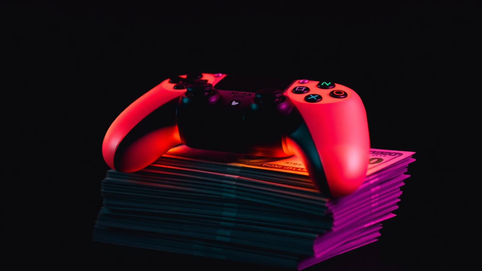 Glowing game controller resting on a stack of hundred-dollar bills under pink and teal neon lighting