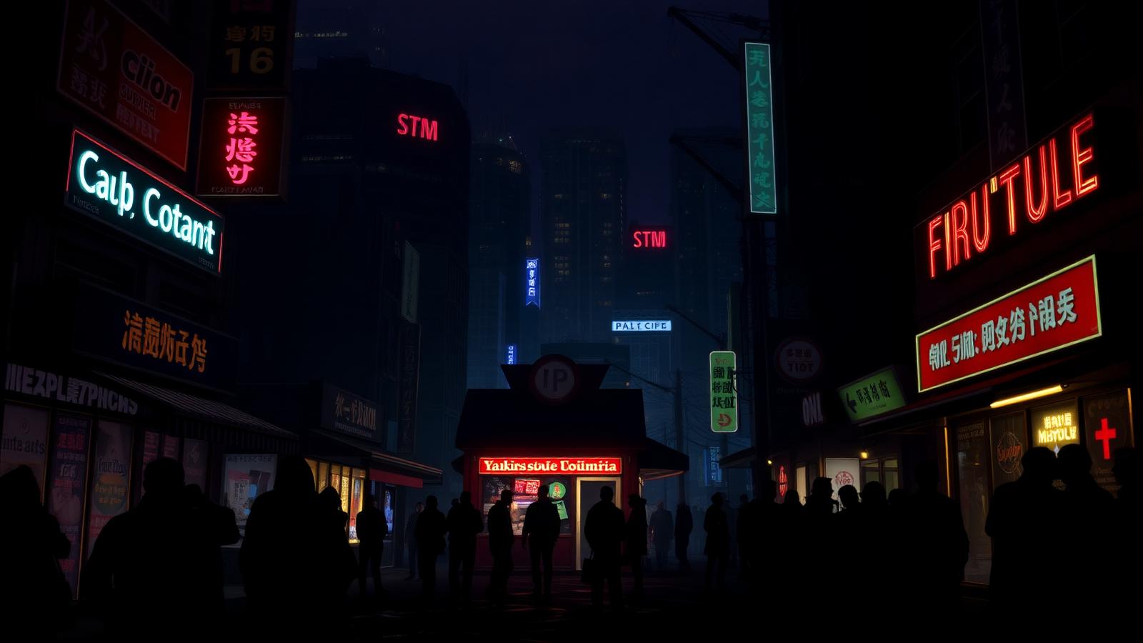 Neon-lit night street with silhouetted figures gathered around storefronts