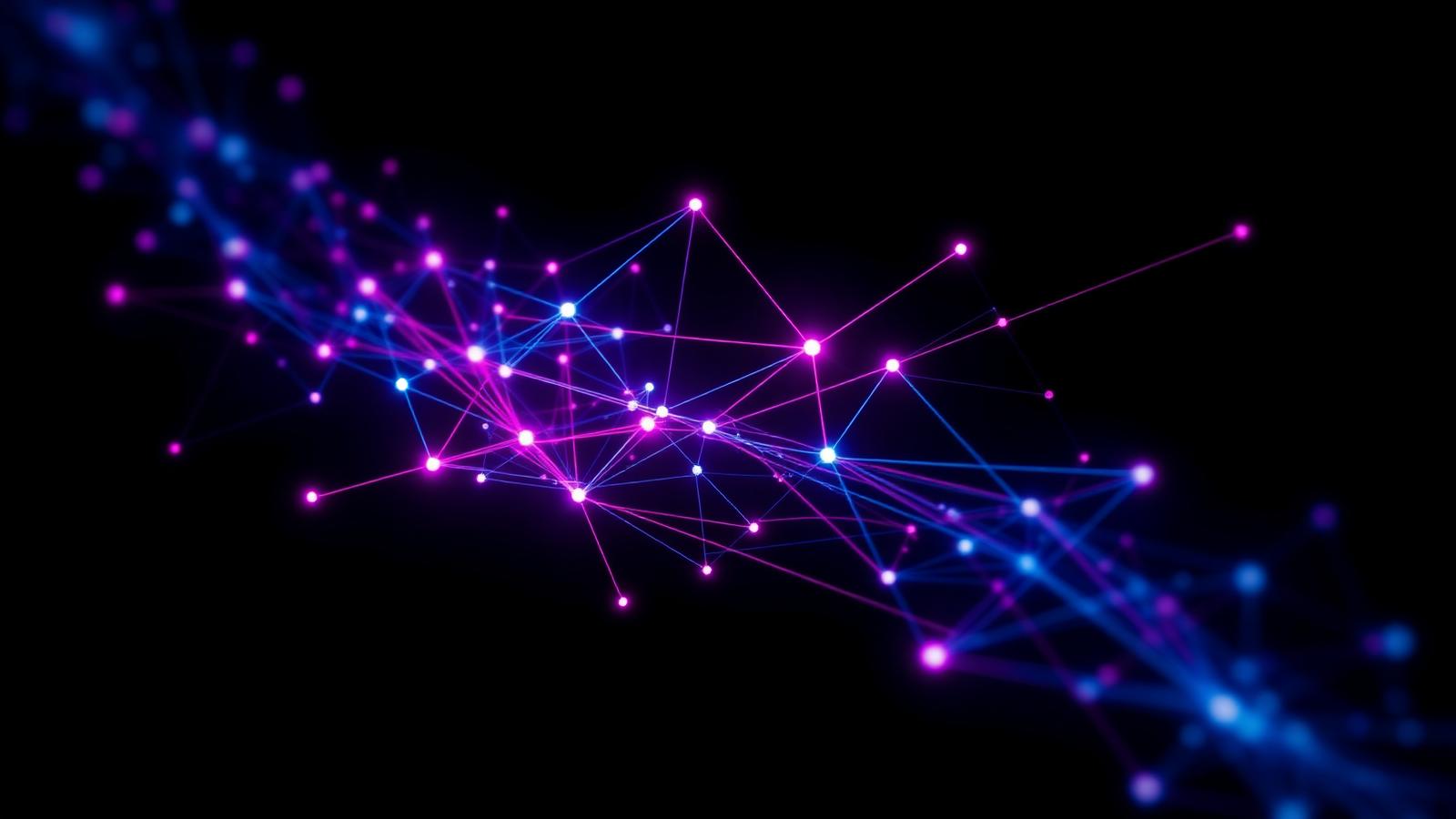 Network graph of glowing nodes on a dark background representing a topical map