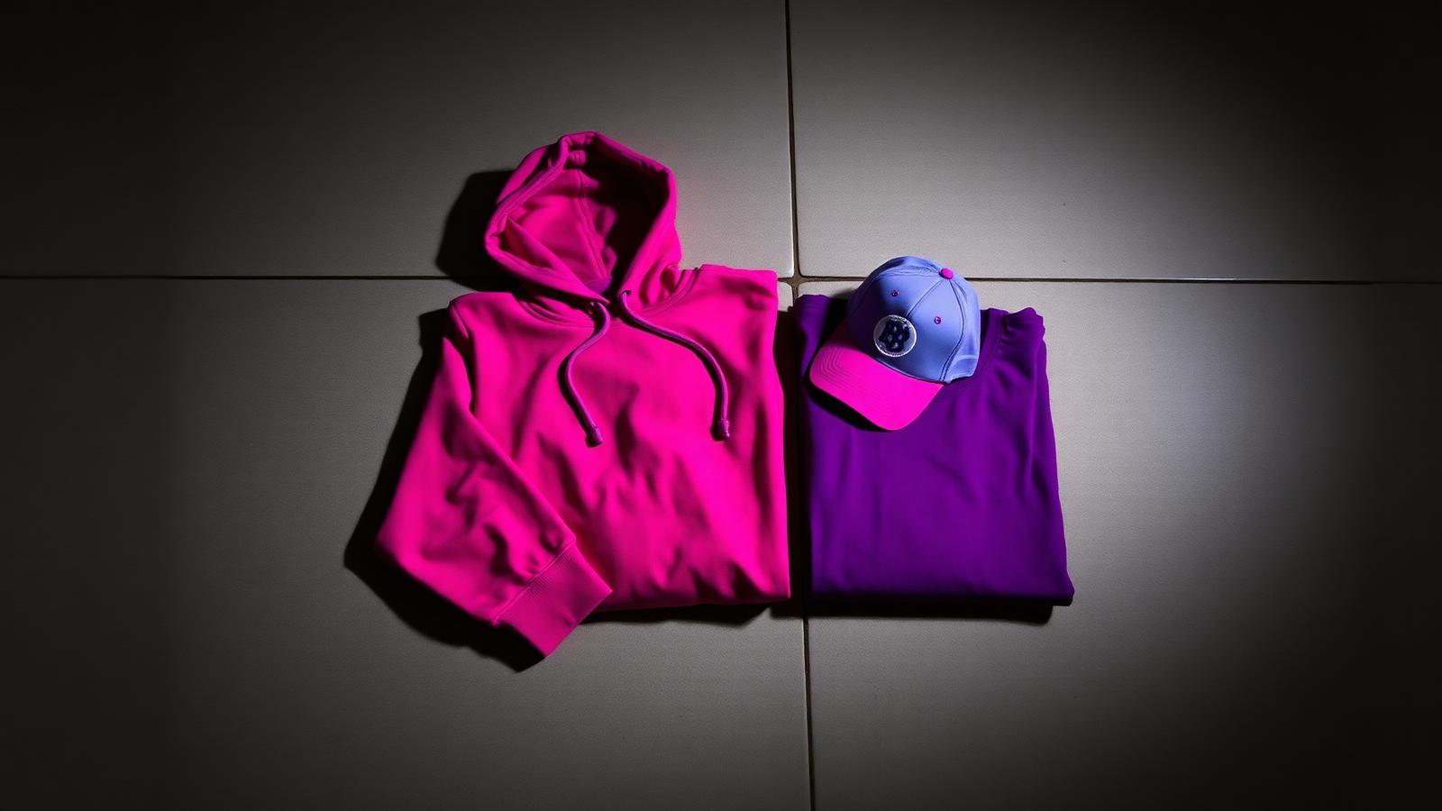 Folded hoodie, t-shirt and cap on a concrete floor under dramatic side lighting