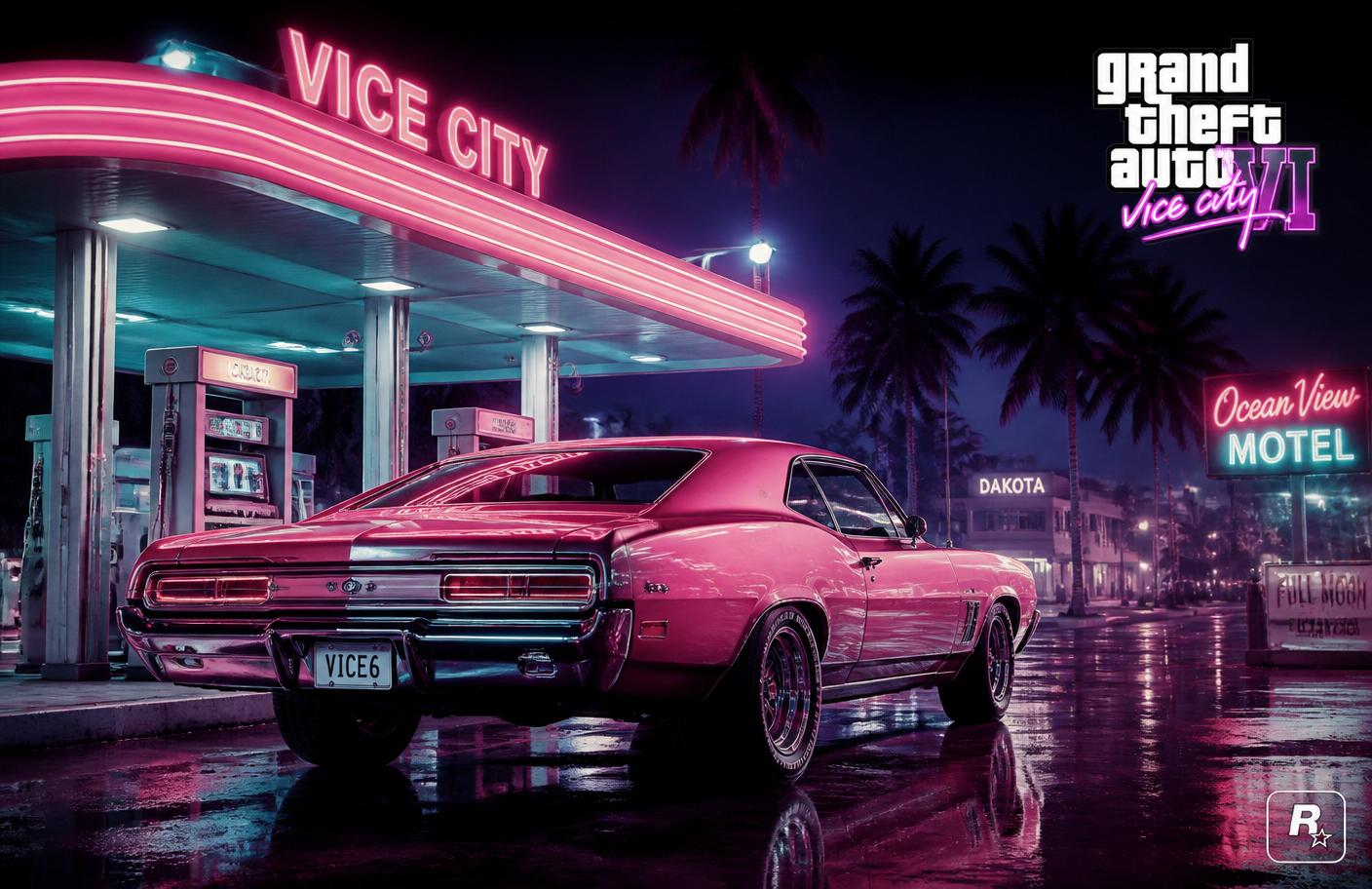Neon-lit sports car on a rain-slick Miami street